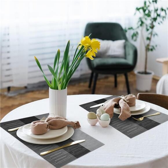 Black Placemats Set of 4, Heat-Resistant Washable Placemats Non-Slip Vinyl Woven - Picture 4 of 7